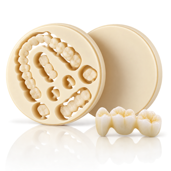 Aidite Mono Shade PMMA disc with milled dental restorations for CAD/CAM temporary crowns and bridges