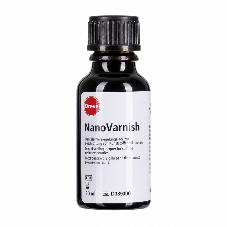 Dreve NanoVarnish 20 ml light-curing transparent dental sealing lacquer for coating resin temporaries.