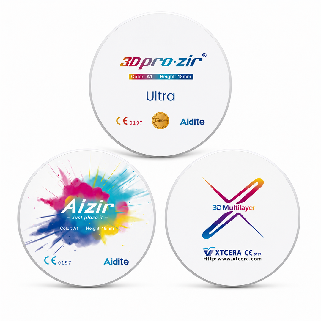 Comparison of esthetic multilayer zirconia discs including Aidite 3D Pro Zir Ultra, Aidite AiZir, and XTCERA 3D Multilayer for dental laboratories.