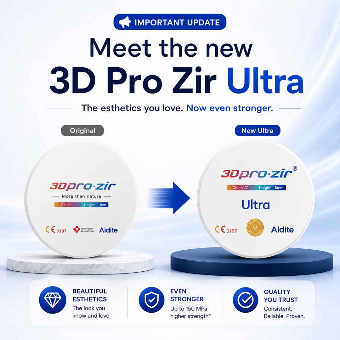 Comparison of the original Aidite 3D Pro Zir zirconia disc and the new Aidite 3D Pro Zir Ultra, showing the transition to the upgraded Ultra formulation with the same esthetics and higher strength for dental laboratories.