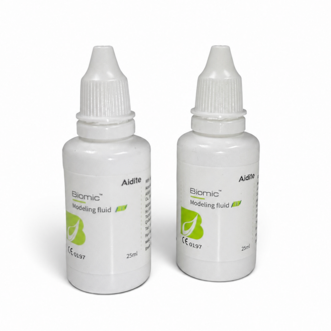 Aidite Biomic Modeling Fluid #1 and #2 in 25 mL bottles for Biomic 2D stains, Glaze-F and 3D pastes.