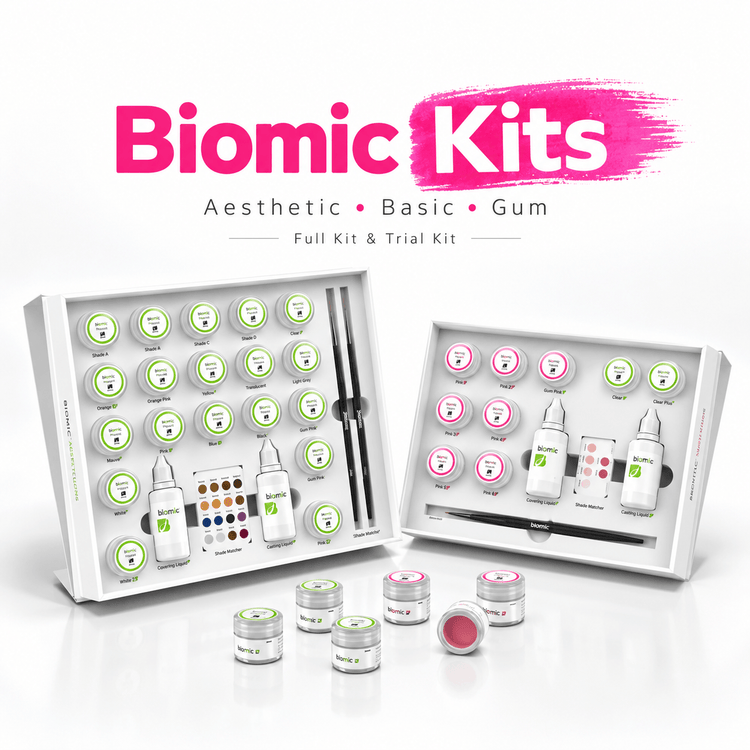 Aidite Biomic stain and glaze kits showing Aesthetic, Basic, and Gum options in full-size and trial configurations.