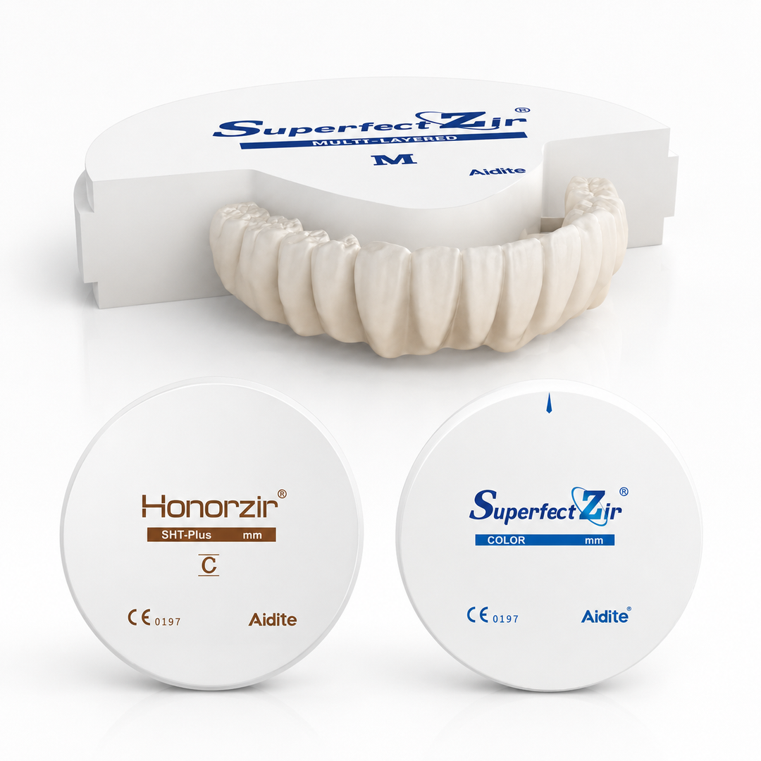 Aidite SuperfectZir ML, HonorZir, and SuperfectZir Everyday Value Zirconia discs with dental restoration