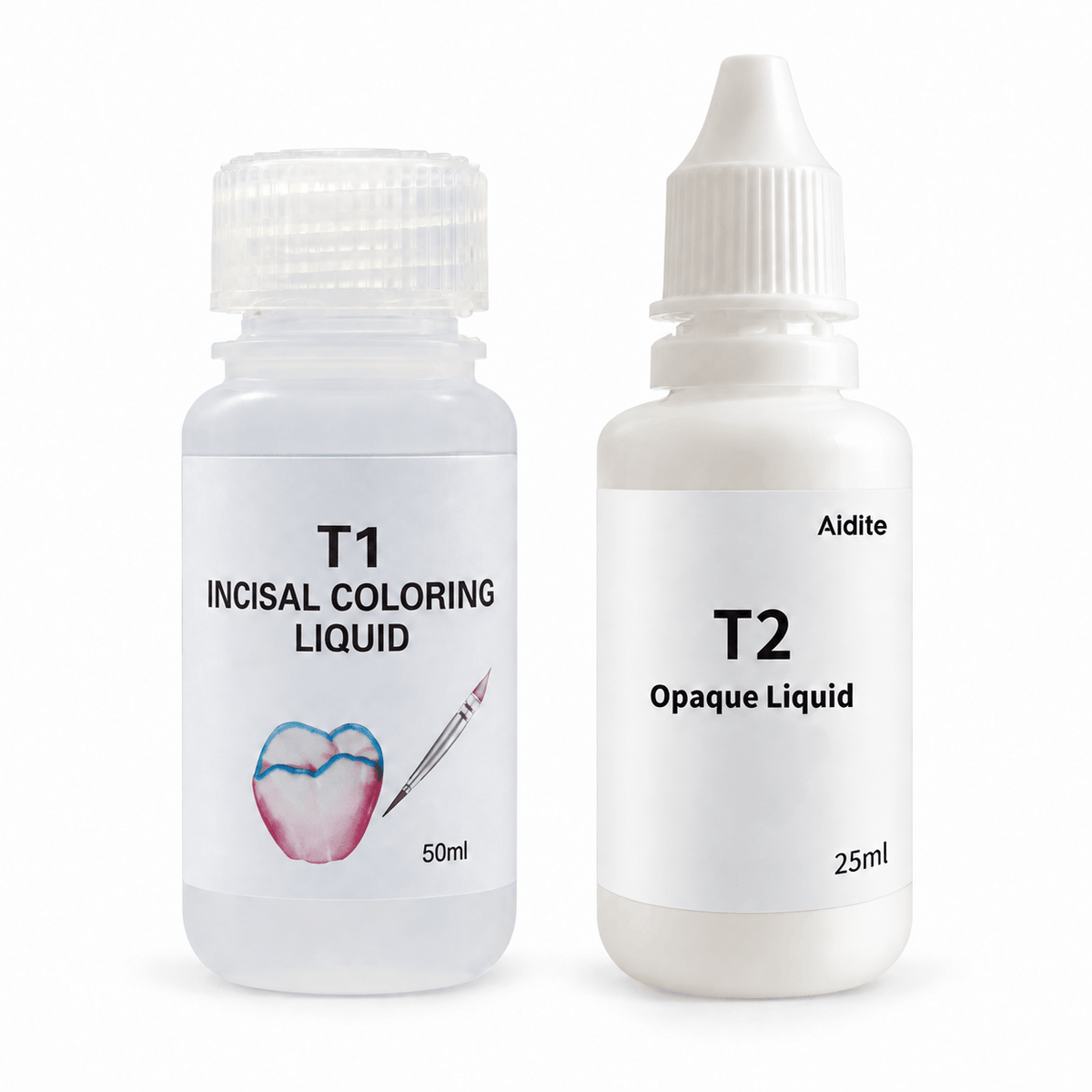 Aidite T1 Incisal Coloring Liquid 50 ml and T2 Opaque Liquid 25 ml for zirconia translucency and masking