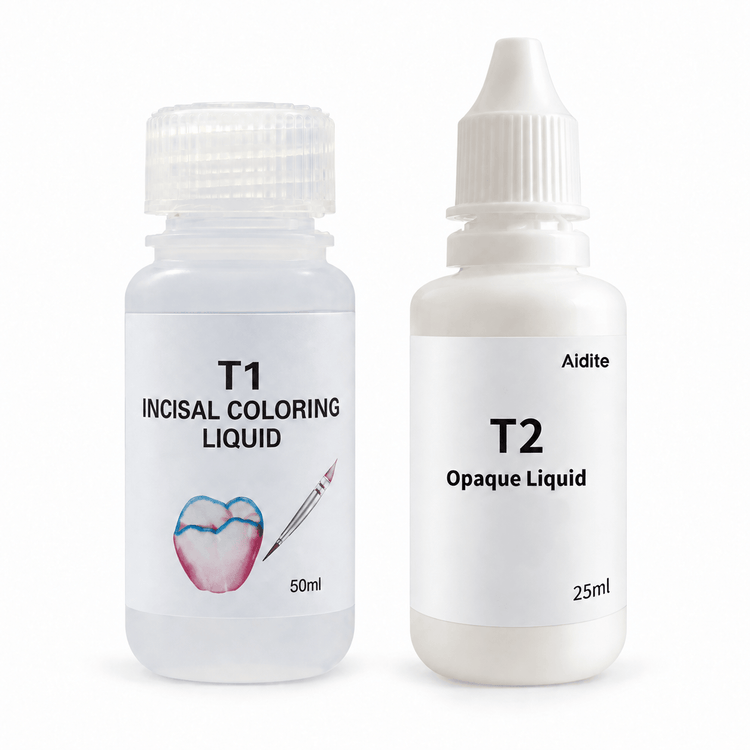 Aidite T1 Incisal Coloring Liquid 50 ml and T2 Opaque Liquid 25 ml for zirconia translucency and masking