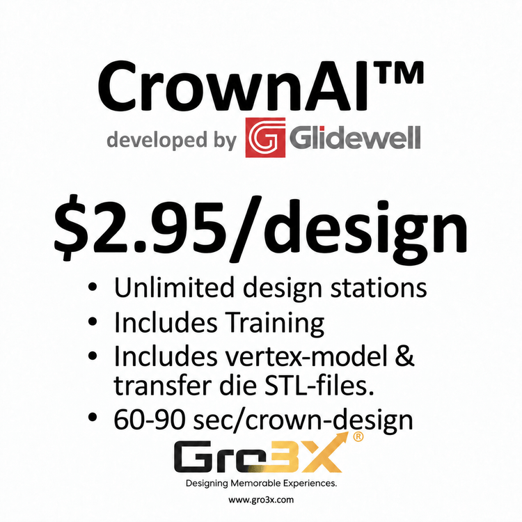 CrownAI by Glidewell for dental labs, with $2.95 per crown design, unlimited design stations, training, STL files, and 60–90 second design time.
