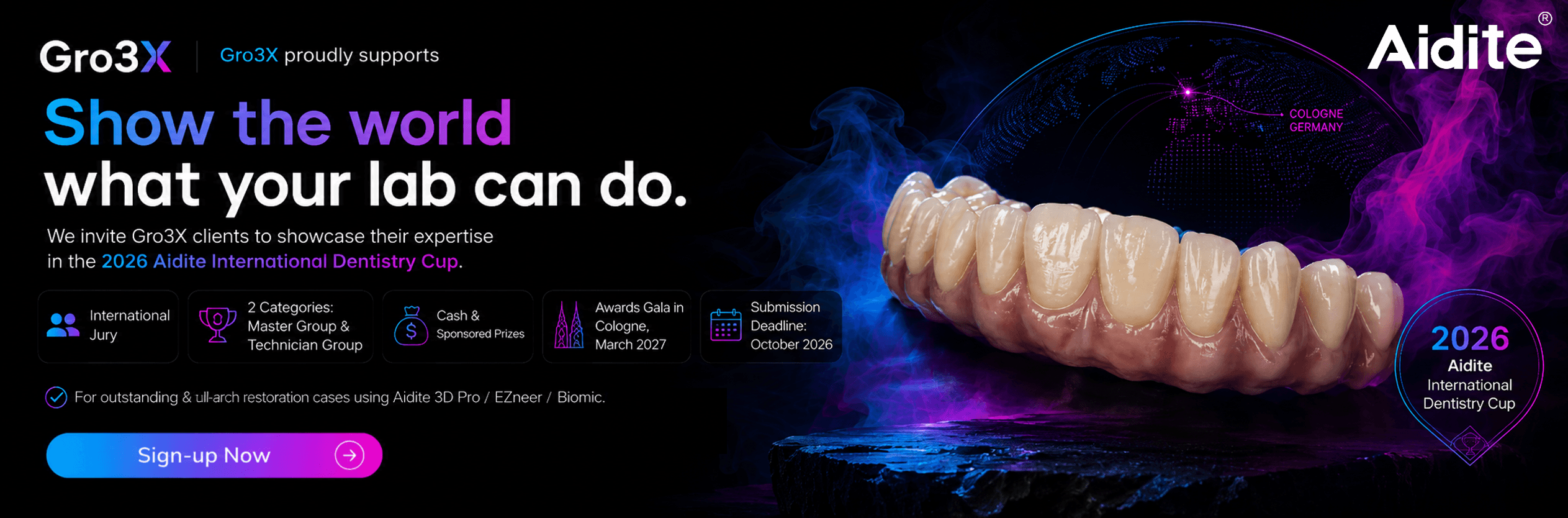 Gro3X supports the 2026 Aidite International Dentistry Cup for dental labs showcasing outstanding full-arch restoration cases.