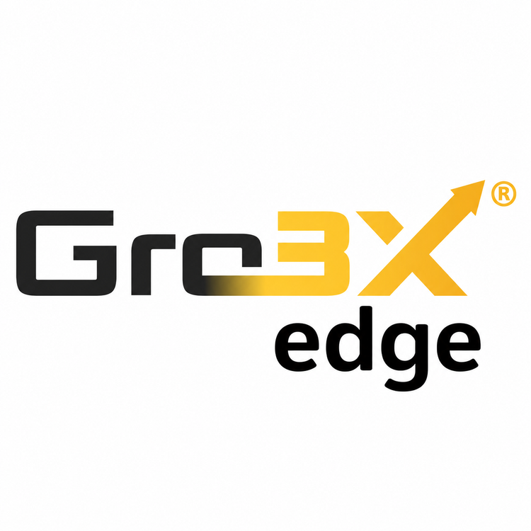Gro3X Edge membership program logo for dental laboratories featuring the Gro3X wordmark with a gold upward arrow symbolizing competitive growth.