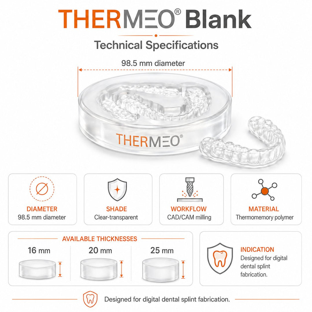 pro3dure THERMEO Blank technical specifications showing 98.5 mm diameter, clear-transparent shade, 16 mm 20 mm and 25 mm thicknesses, CAD/CAM milling and thermomemory polymer