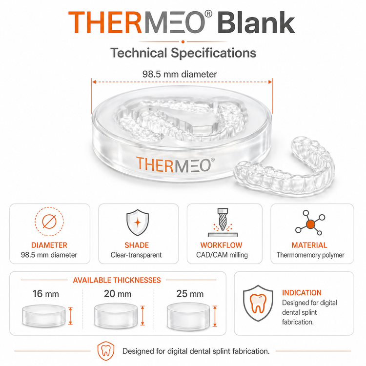 pro3dure THERMEO Blank technical specifications showing 98.5 mm diameter, clear-transparent shade, 16 mm 20 mm and 25 mm thicknesses, CAD/CAM milling and thermomemory polymer