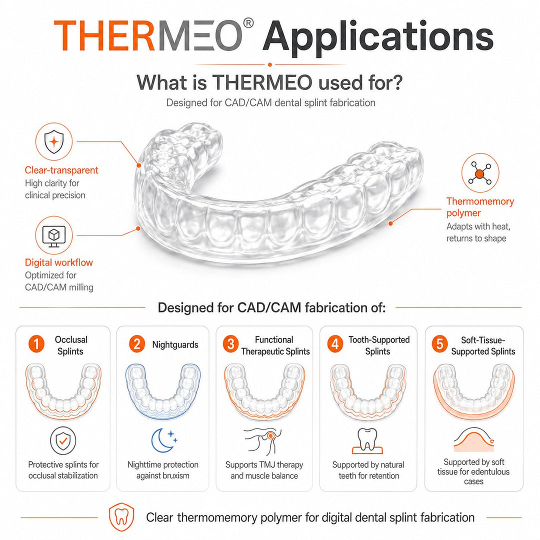pro3dure THERMEO applications for CAD/CAM dental splint fabrication including occlusal splints, nightguards, functional therapeutic splints, tooth-supported splints and soft-tissue-supported splints