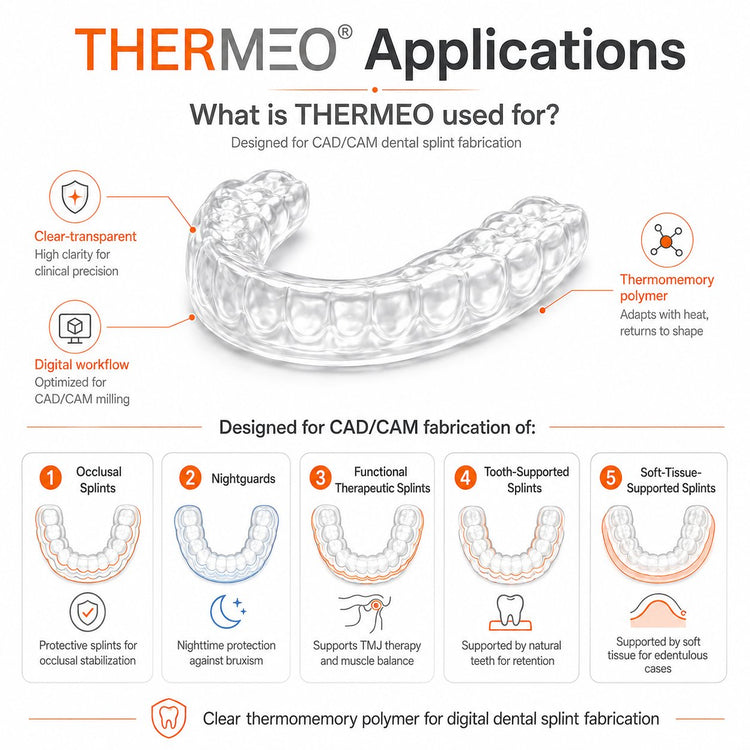 pro3dure THERMEO applications for CAD/CAM dental splint fabrication including occlusal splints, nightguards, functional therapeutic splints, tooth-supported splints and soft-tissue-supported splints