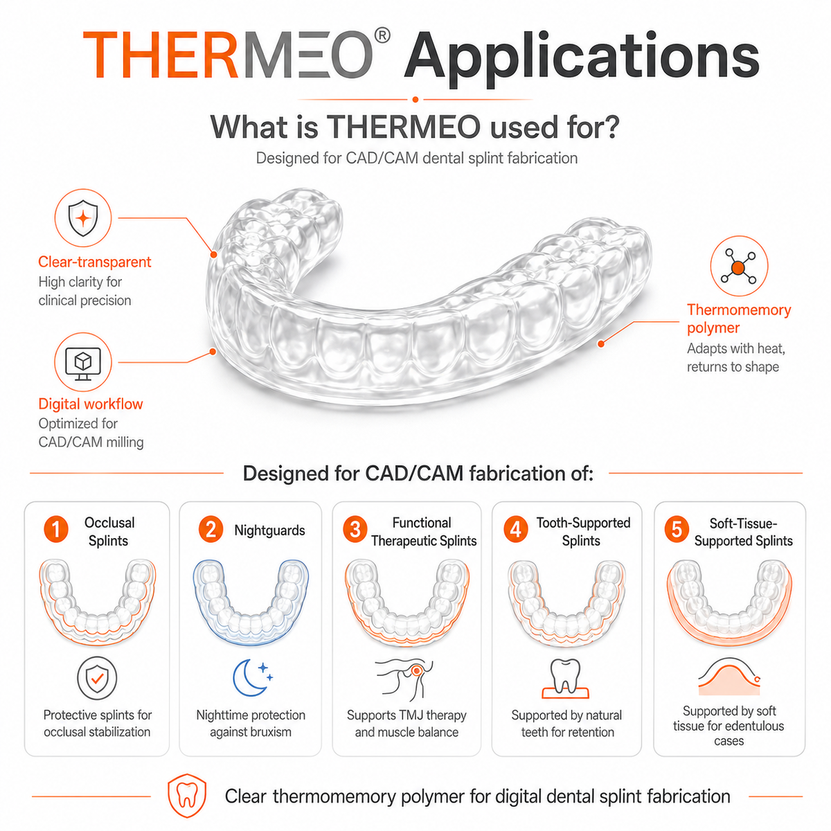 pro3dure THERMEO applications for CAD/CAM dental splint fabrication including occlusal splints, nightguards, functional therapeutic splints, tooth-supported splints and soft-tissue-supported splints