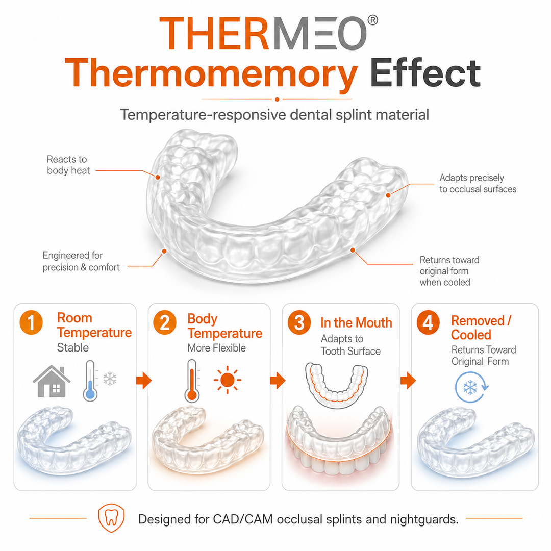 How pro3dure THERMEO thermomemory dental splint material becomes flexible at body temperature, adapts to teeth and returns toward its original form when cooled