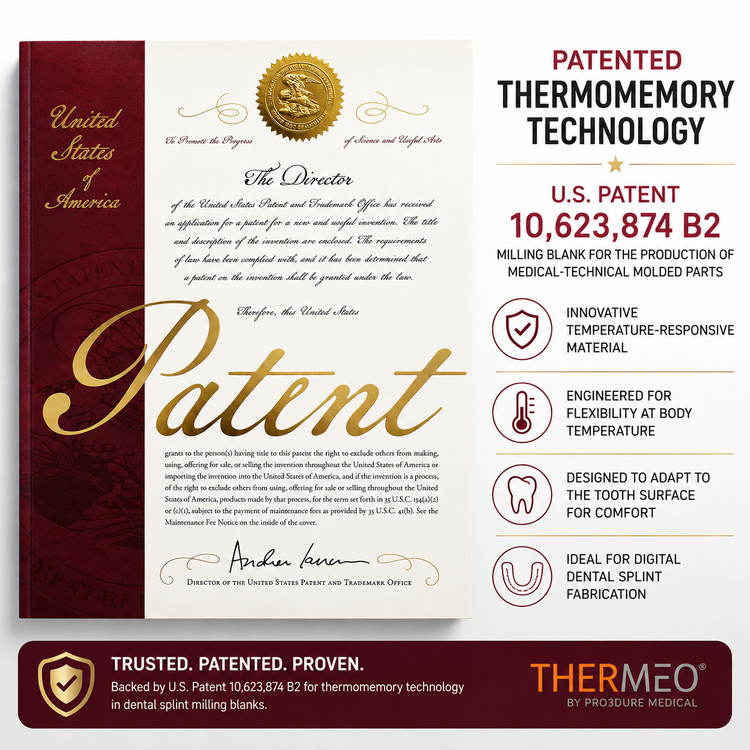 pro3dure THERMEO thermomemory technology protected by U.S. Patent 10,623,874 B2 for temperature-responsive dental splint milling blanks