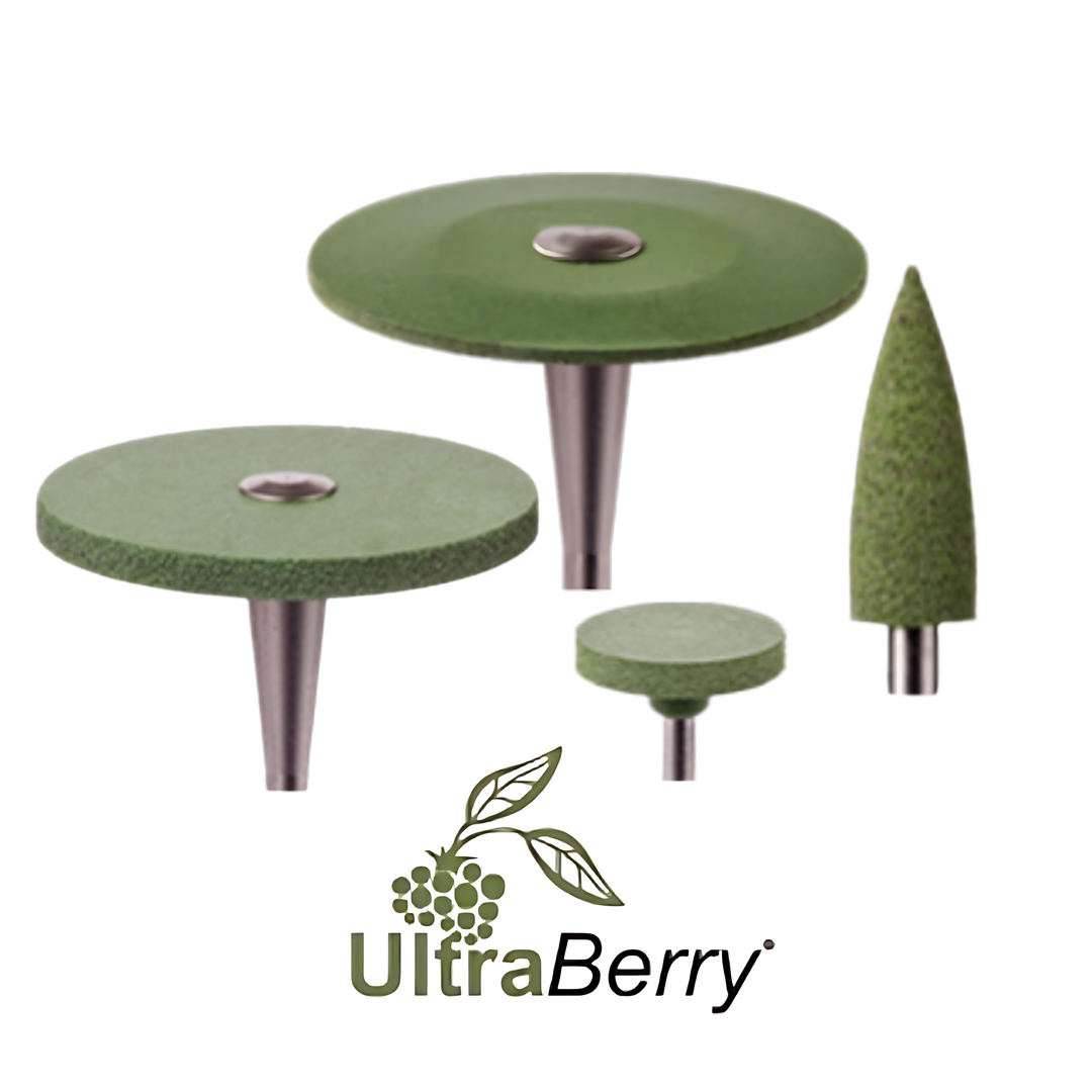 Wagner UltraBerry Coarse Plus diamond-infused zirconia polishers in four laboratory shapes