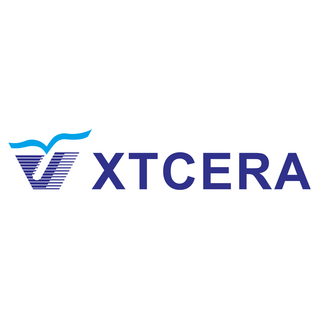 XTCERA dental materials brand logo in blue and purple on a white background