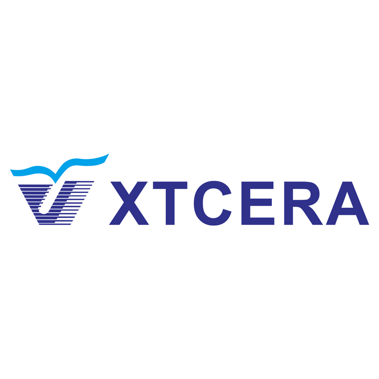 XTCERA dental materials brand logo in blue and purple on a white background