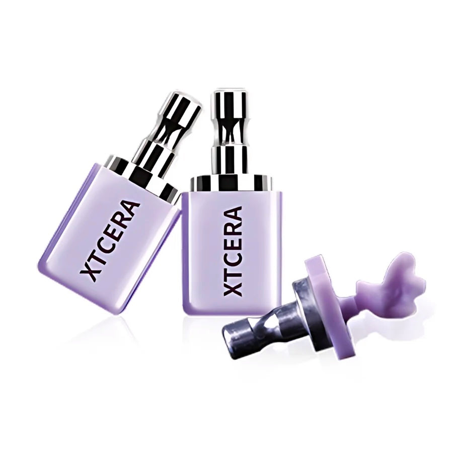XTCERA Glass Ceramic CAD/CAM milling blocks in the purple pre-crystallized stage on a white background