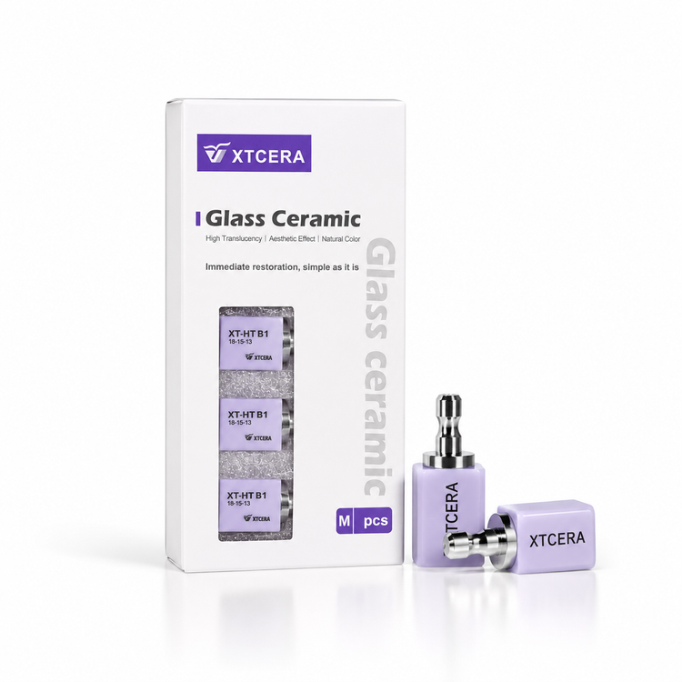 XTCERA Glass Ceramic CAD/CAM milling block package with two purple pre-crystallized blocks on a white background