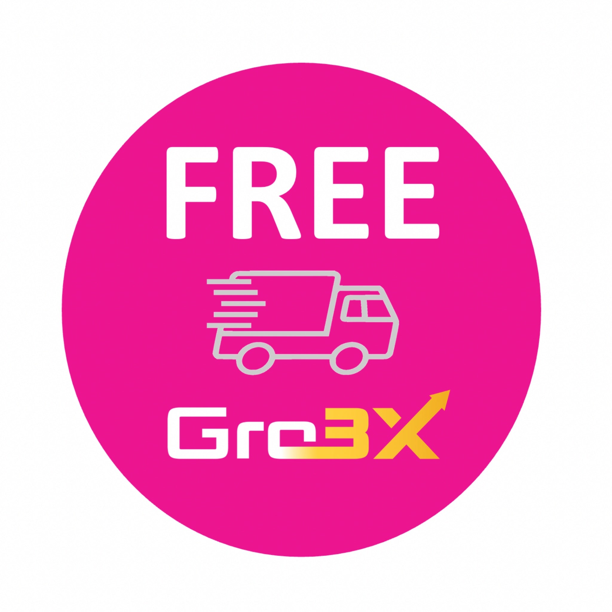 Pink Gro3X free shipping badge with delivery truck icon on a white background.